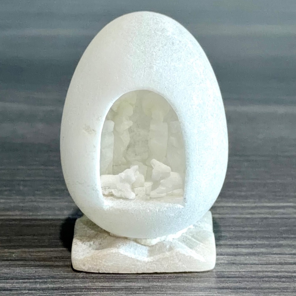 Vintage Hand Carved Alabaster Egg Nativity Scene White Stone Miniature Sculpture